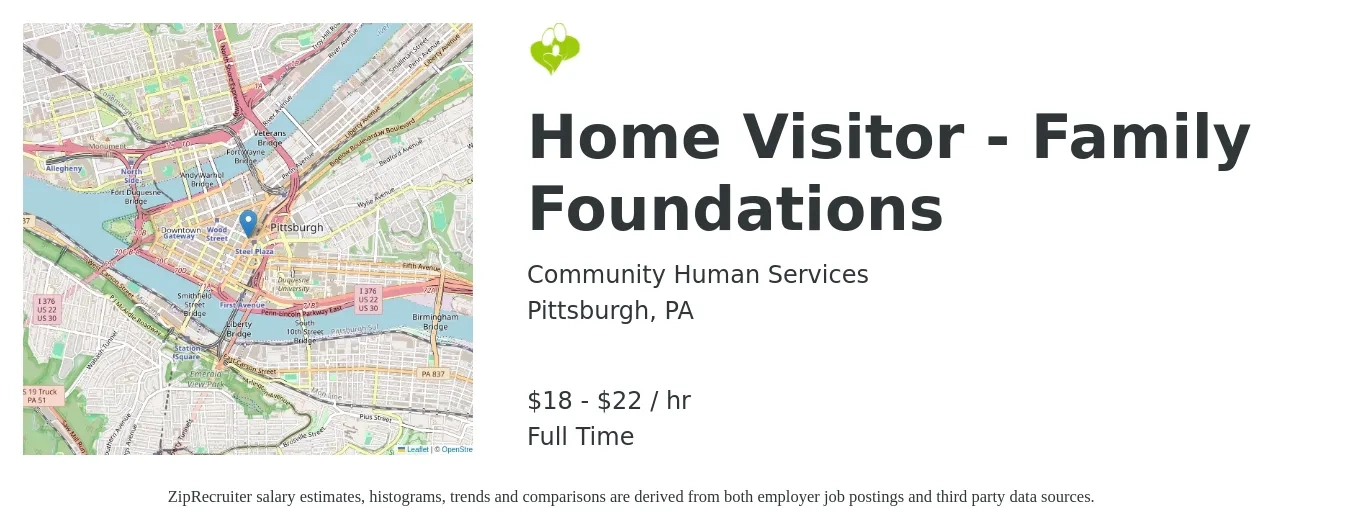 Community Human Services job posting for a Home Visitor - Family Foundations in Pittsburgh, PA with a salary of $19 to $24 Hourly with a map of Pittsburgh location.