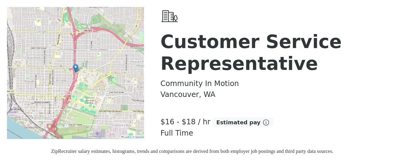 Community In Motion job posting for a Customer Service Representative in Vancouver, WA with a salary of $17 to $19 Hourly with a map of Vancouver location.