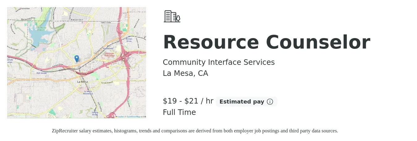 Community Interface Services job posting for a Resource Counselor in La Mesa, CA with a salary of $20 to $22 Hourly with a map of La Mesa location.