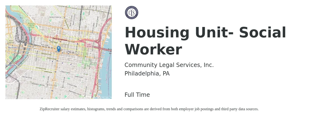 Community Legal Services, Inc. job posting for a Housing Unit- Social Worker in Philadelphia, PA with a salary of $58,920 Yearly with a map of Philadelphia location.