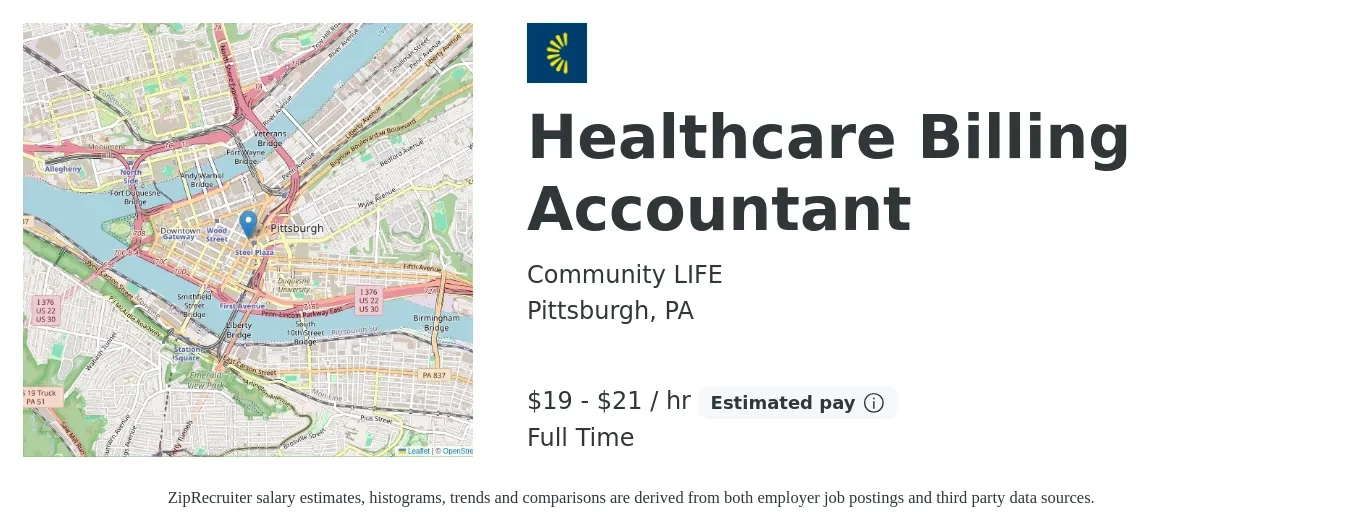 Community LIFE job posting for a Healthcare Billing Accountant in Pittsburgh, PA with a salary of $20 to $22 Hourly with a map of Pittsburgh location.