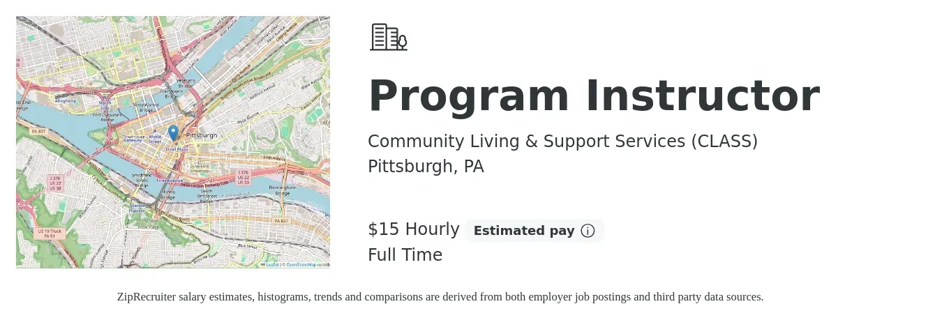 Community Living & Support Services job posting for a Program Instructor in Pittsburgh, PA with a salary of $18 to $27 Hourly with a map of Pittsburgh location.