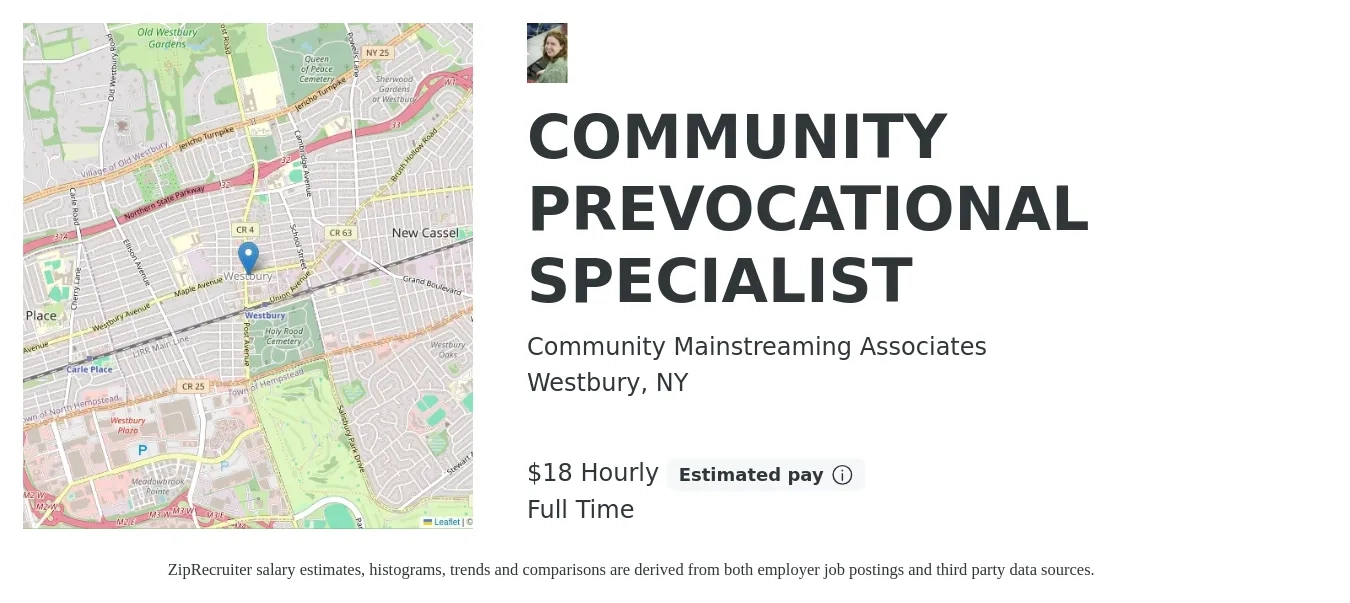 Community Mainstreaming Associates job posting for a COMMUNITY PREVOCATIONAL SPECIALIST in Westbury, NY with a salary of $19 Hourly with a map of Westbury location.