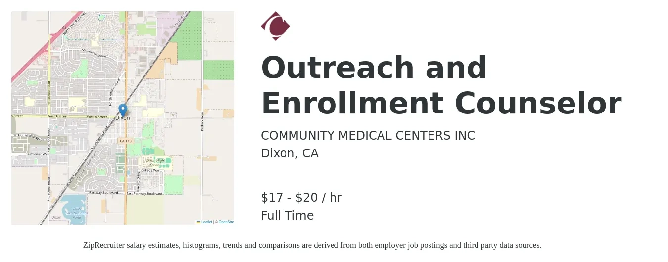 COMMUNITY MEDICAL CENTERS INC job posting for a Outreach and Enrollment Counselor in Dixon, CA with a salary of $18 to $21 Hourly with a map of Dixon location.