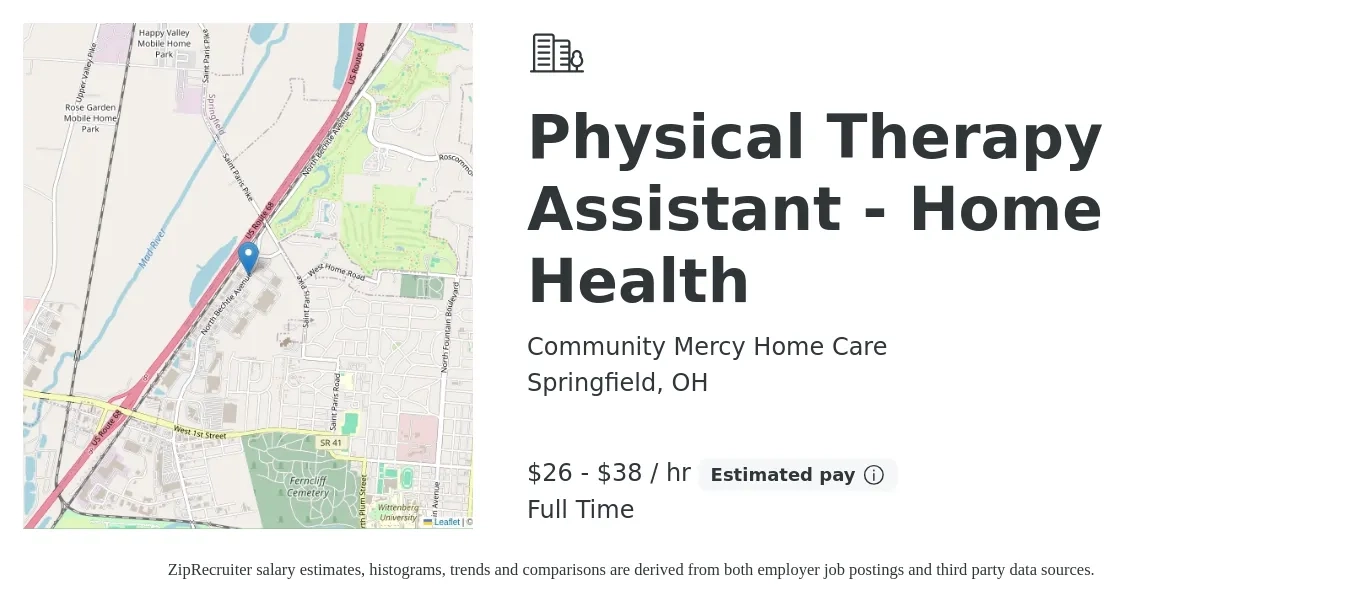 Community Mercy Home Care job posting for a Physical Therapy Assistant - Home Health in Springfield, OH with a salary of $27 to $40 Hourly with a map of Springfield location.