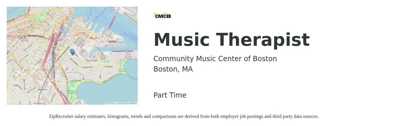 Community Music Center of Boston Inc job posting for a Music Therapist in Boston, MA with a salary of $63 Hourly with a map of Boston location.