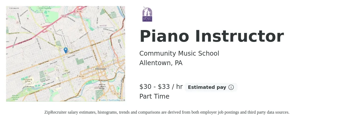 Community Music School job posting for a Piano Instructor in Allentown, PA with a salary of $32 to $35 Hourly and benefits including retirement with a map of Allentown location.