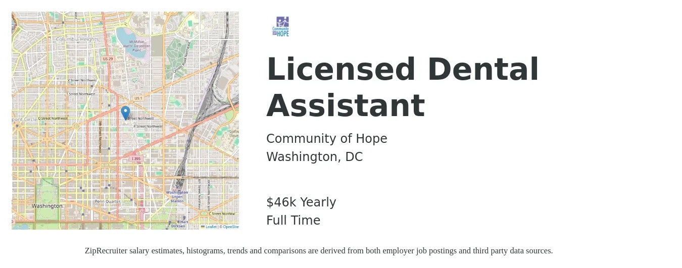 Community of Hope job posting for a Licensed Dental Assistant in Washington, DC with a salary of $46,000 Yearly with a map of Washington location.