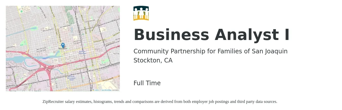 Community Partnership for Families of San Joaquin job posting for a Business Analyst I in Stockton, CA with a salary of $39 to $65 Hourly with a map of Stockton location.