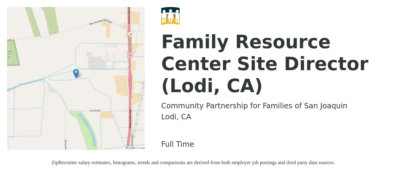Community Partnership for Families of San Joaquin job posting for a Family Resource Center Site Director (Lodi, CA) in Lodi, CA with a salary of $42,700 to $52,300 Yearly with a map of Lodi location.