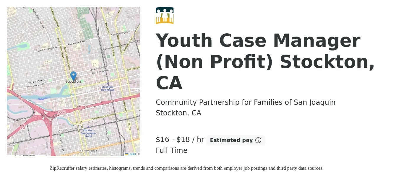Community Partnership for Families of San Joaquin job posting for a Youth Case Manager (Non Profit) Stockton, CA in Stockton, CA with a salary of $17 to $19 Hourly with a map of Stockton location.