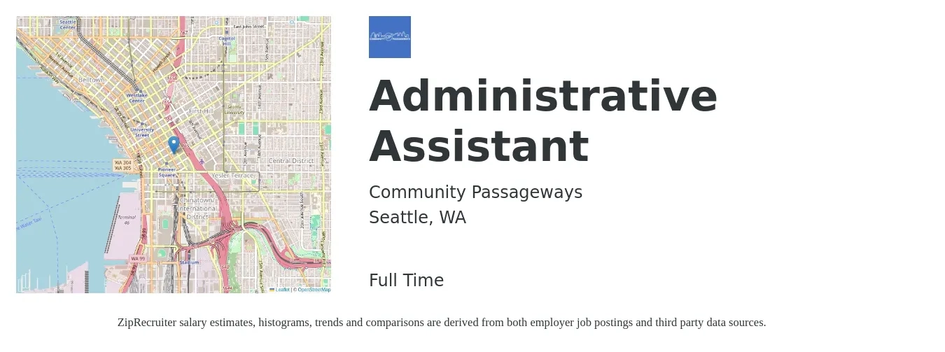 Community Passageways job posting for a Administrative Assistant in Seattle, WA with a salary of $20 to $28 Hourly with a map of Seattle location.