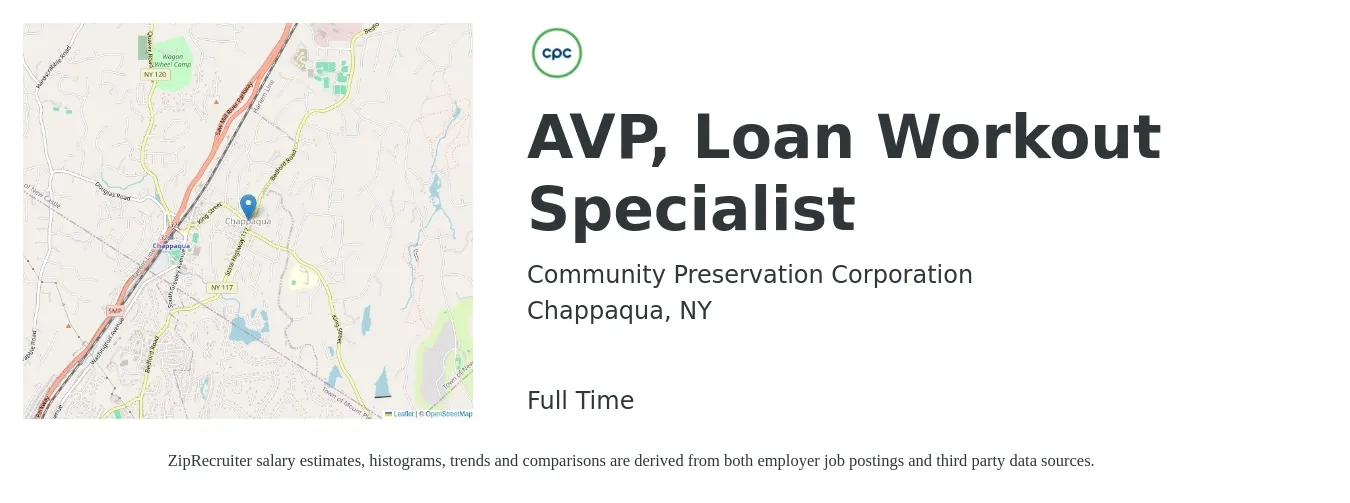 Community Preservation Corporation job posting for a AVP, Loan Workout Specialist in Chappaqua, NY with a salary of $51,300 to $88,200 Yearly with a map of Chappaqua location.