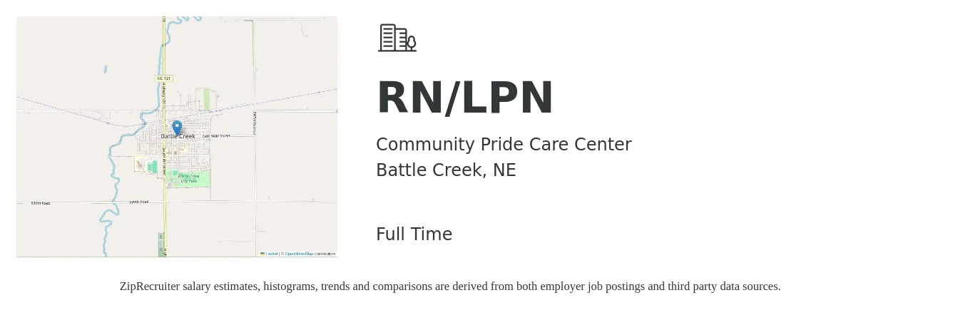 Community Pride Care Center job posting for a RN/LPN in Battle Creek, NE with a salary of $27 to $36 Hourly with a map of Battle Creek location.