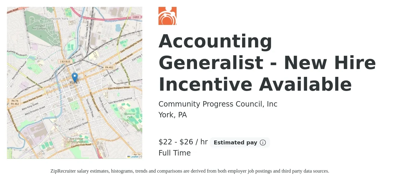 Community Progress Council, Inc job posting for a Accounting Generalist - New Hire Incentive Available in York, PA with a salary of $23 to $28 Hourly with a map of York location.