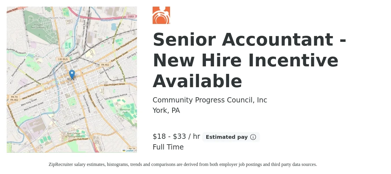 Community Progress Council, Inc job posting for a Senior Accountant - New Hire Incentive Available in York, PA with a salary of $20 to $34 Hourly with a map of York location.