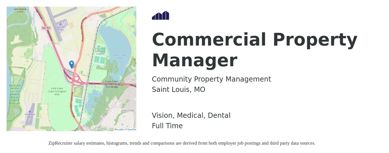 Community Property Management job posting for a Commercial Property Manager in Saint Louis, MO with a salary of $67,100 to $94,800 Yearly and benefits including life_insurance, medical, retirement, vision, and dental with a map of Saint Louis location.