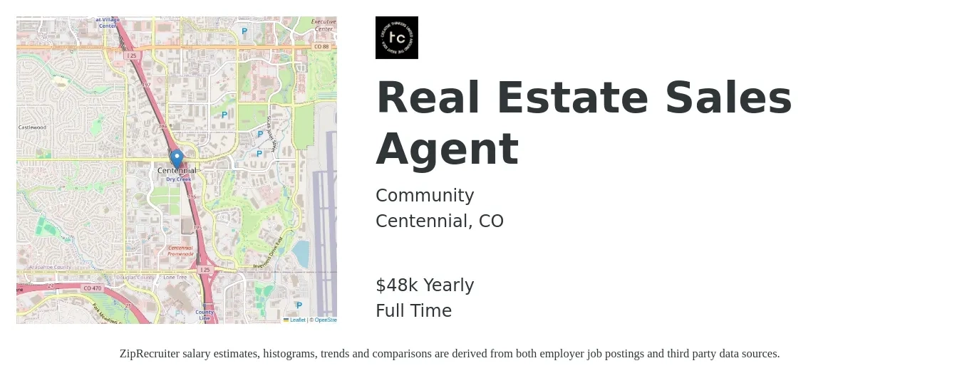 Community job posting for a Real Estate Sales Agent in Centennial, CO with a salary of $48,227 Yearly with a map of Centennial location.