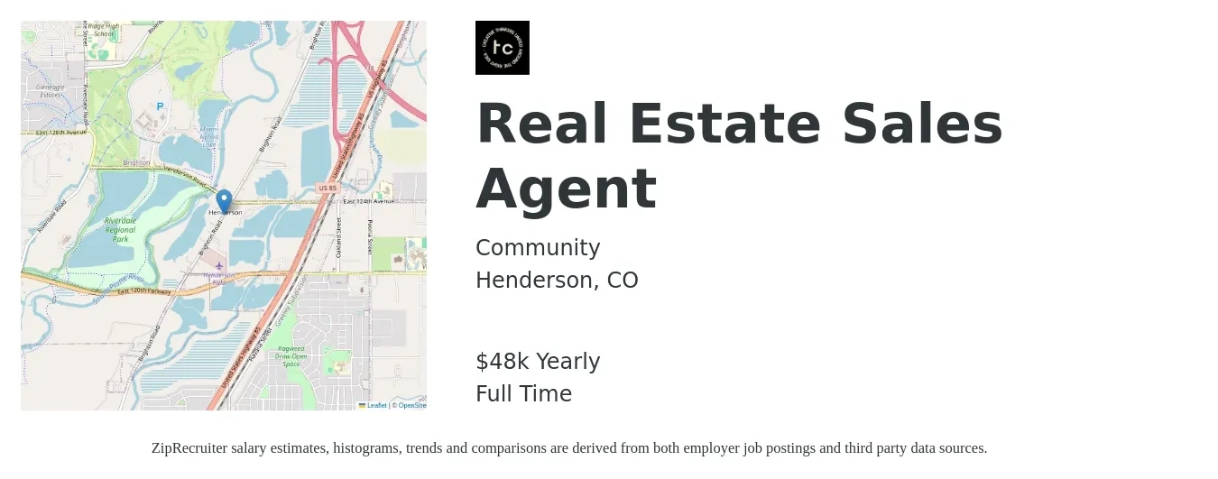 Community job posting for a Real Estate Sales Agent in Henderson, CO with a salary of $48,227 Yearly with a map of Henderson location.