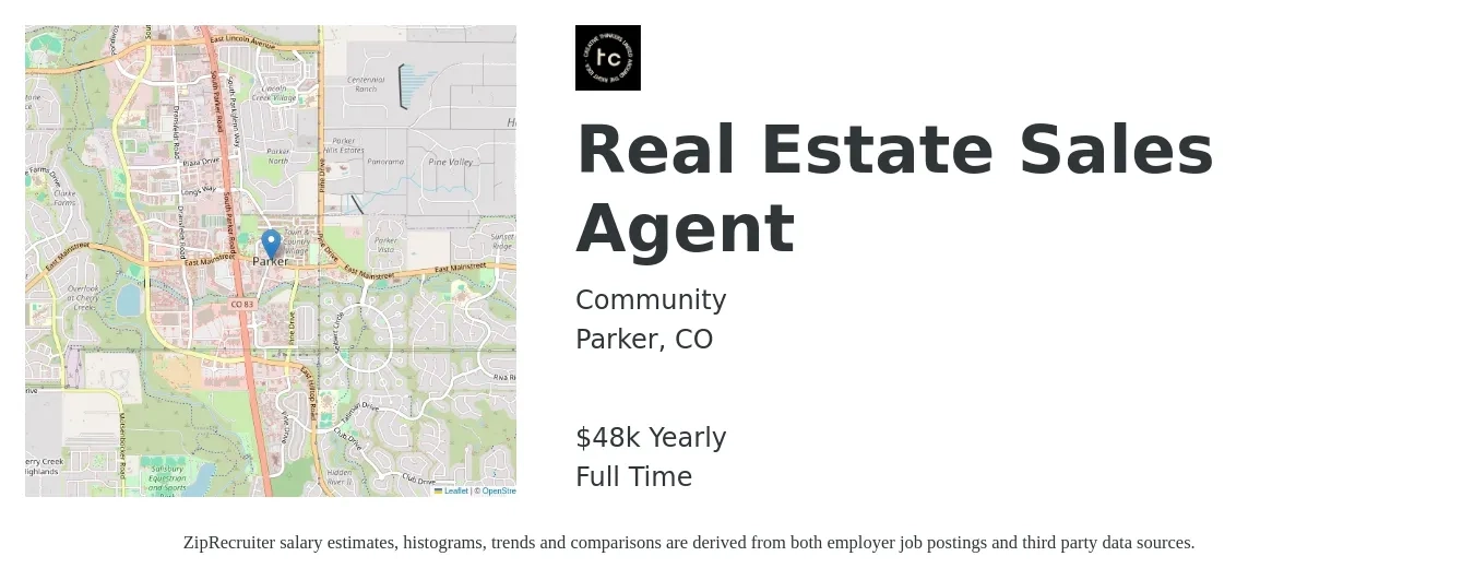 Community job posting for a Real Estate Sales Agent in Parker, CO with a salary of $48,227 Yearly with a map of Parker location.