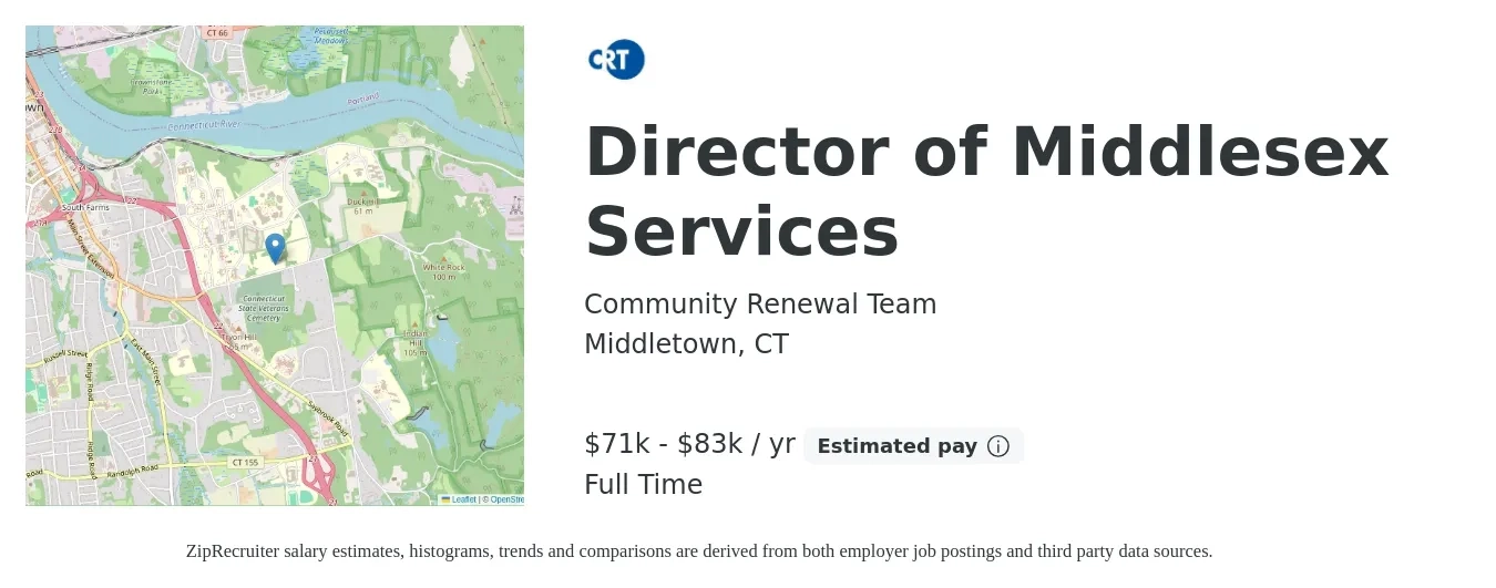 Community Renewal Team job posting for a Director of Middlesex Services in Middletown, CT with a salary of $71,277 to $83,394 Yearly with a map of Middletown location.