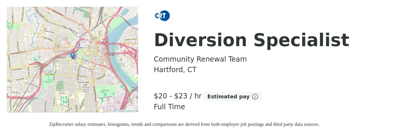 Community Renewal Team job posting for a Diversion Specialist in Hartford, CT with a salary of $21 to $25 Hourly with a map of Hartford location.