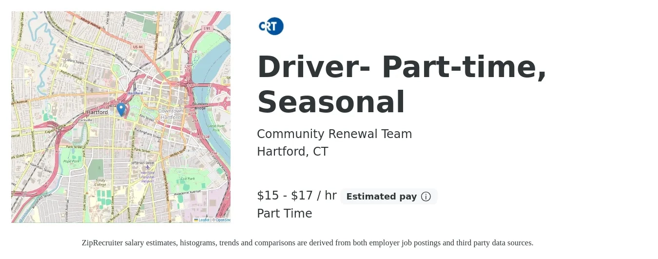 Community Renewal Team job posting for a Driver- Part-time, Seasonal in Hartford, CT with a salary of $16 to $18 Hourly with a map of Hartford location.