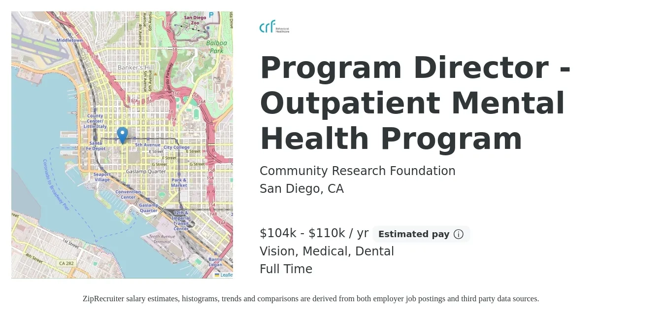 Community Research Foundation job posting for a Program Director - Outpatient Mental Health Program in San Diego, CA with a salary of $104,500 to $110,000 Yearly and benefits including dental, life_insurance, medical, pto, retirement, and vision with a map of San Diego location.