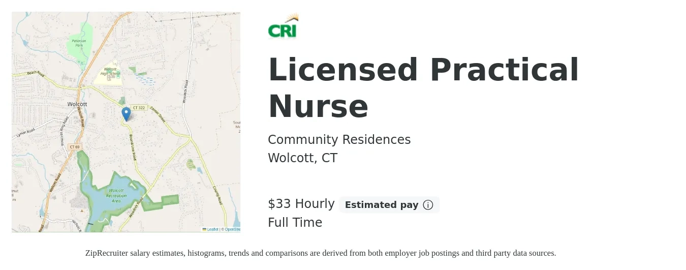 Community Residences job posting for a Licensed Practical Nurse in Wolcott, CT with a salary of $35 Hourly with a map of Wolcott location.