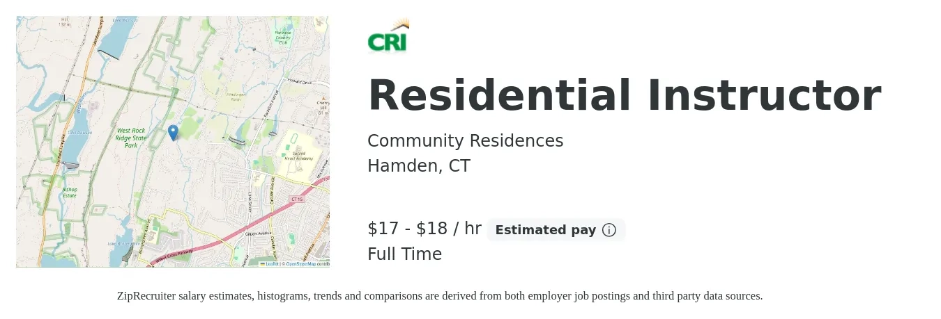 Community Residences job posting for a Residential Instructor in Hamden, CT with a salary of $18 to $19 Hourly with a map of Hamden location.