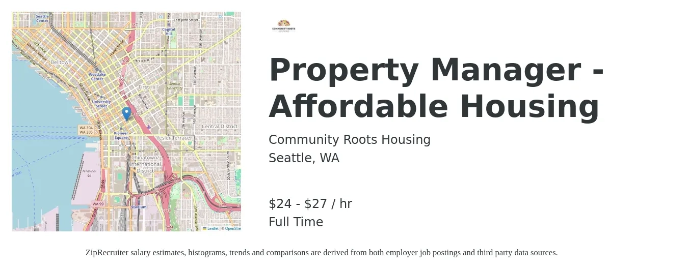 Community Roots Housing job posting for a Property Manager - Affordable Housing in Seattle, WA with a salary of $25 to $29 Hourly with a map of Seattle location.