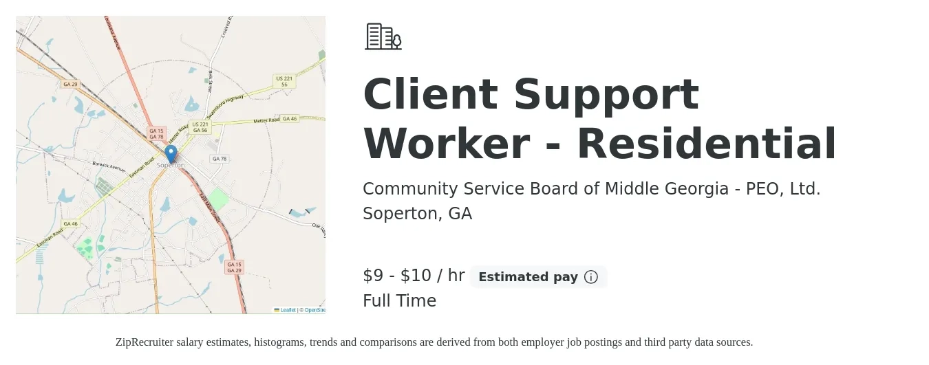 Community Service Board of Middle Georgia - PEO, Ltd. job posting for a Client Support Worker - Residential in Soperton, GA with a salary of $10 to $11 Hourly with a map of Soperton location.
