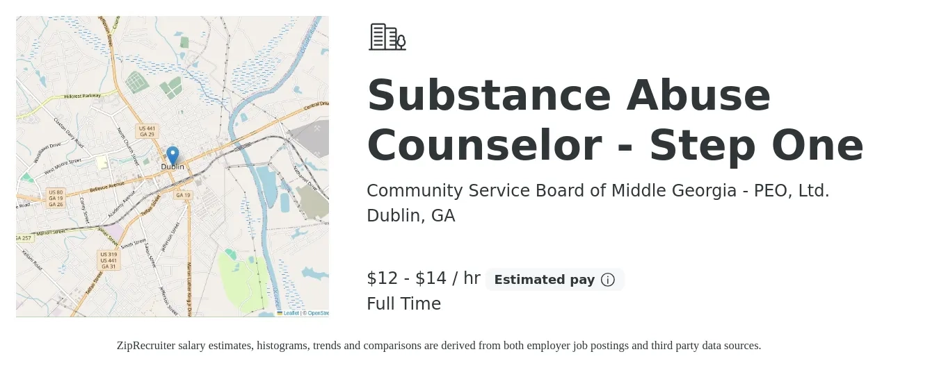 Community Service Board of Middle Georgia - PEO, Ltd. job posting for a Substance Abuse Counselor - Step One in Dublin, GA with a salary of $14 to $16 Hourly with a map of Dublin location.