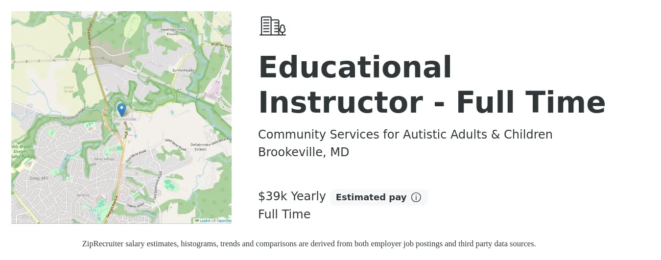 Community Services for Autistic Adults & Children job posting for a Educational Instructor - Full Time in Brookeville, MD with a salary of $39,520 Yearly with a map of Brookeville location.