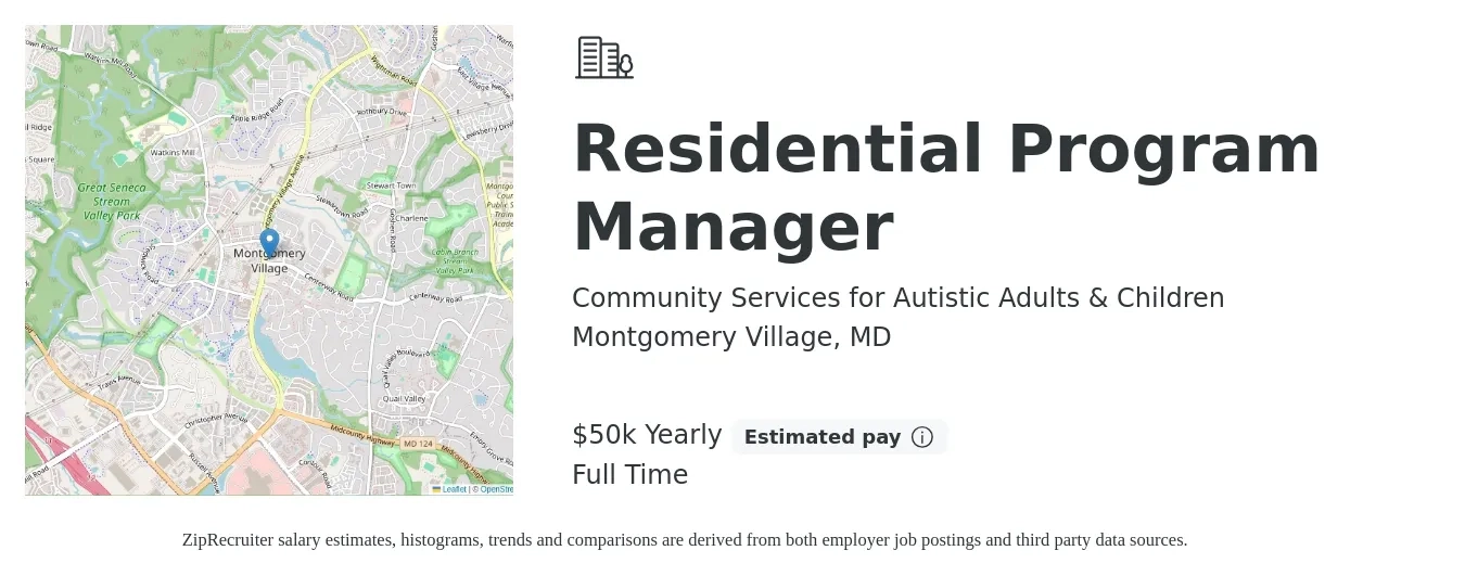 Community Services for Autistic Adults & Children job posting for a Residential Program Manager in Montgomery Village, MD with a salary of $50,000 Yearly with a map of Montgomery Village location.