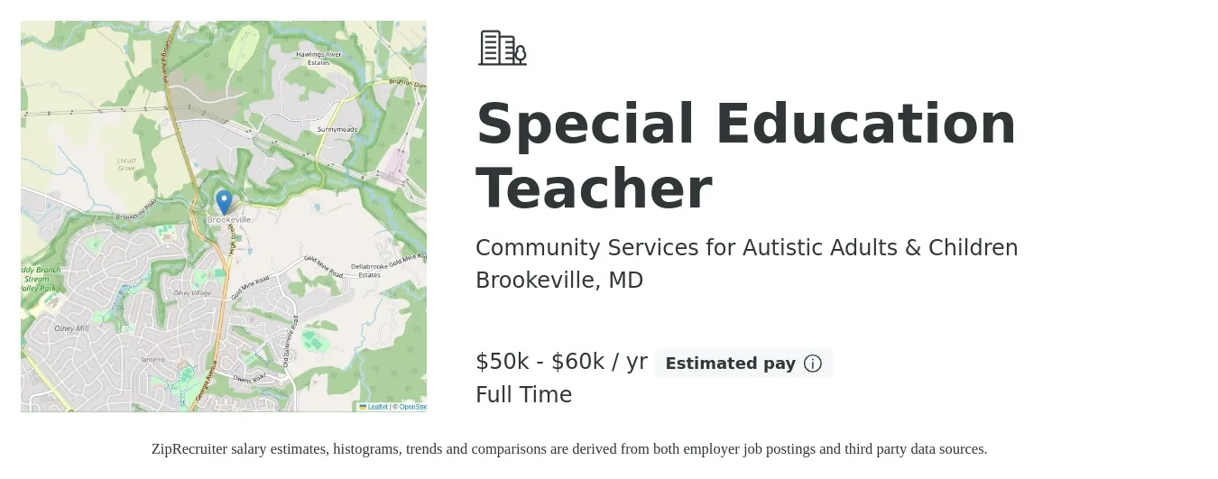 Community Services for Autistic Adults & Children job posting for a Special Education Teacher in Brookeville, MD with a salary of $50,000 to $60,000 Yearly with a map of Brookeville location.