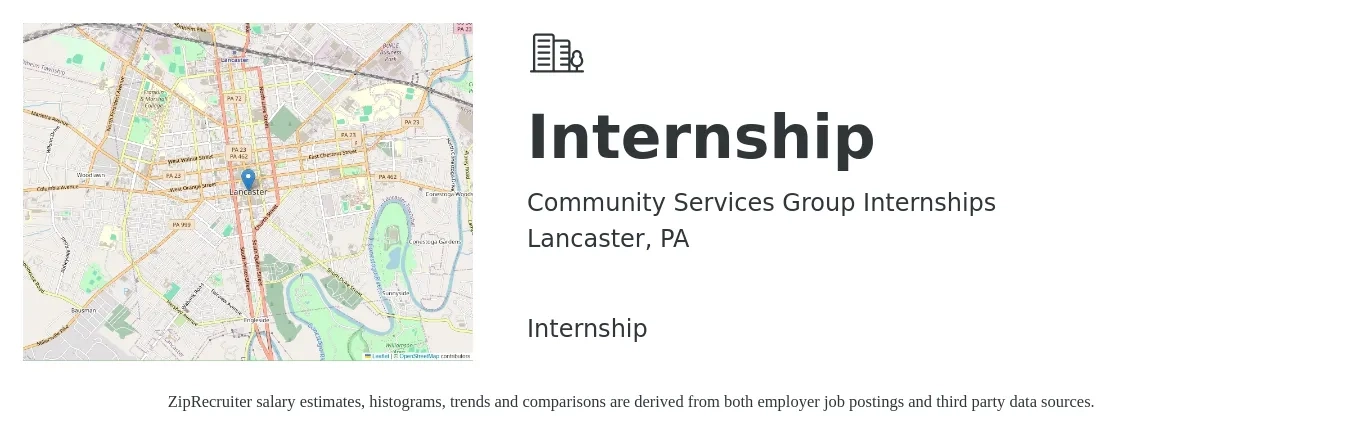 Community Services Group Internships job posting for a Internship in Lancaster, PA with a salary of $13 to $18 Hourly with a map of Lancaster location.