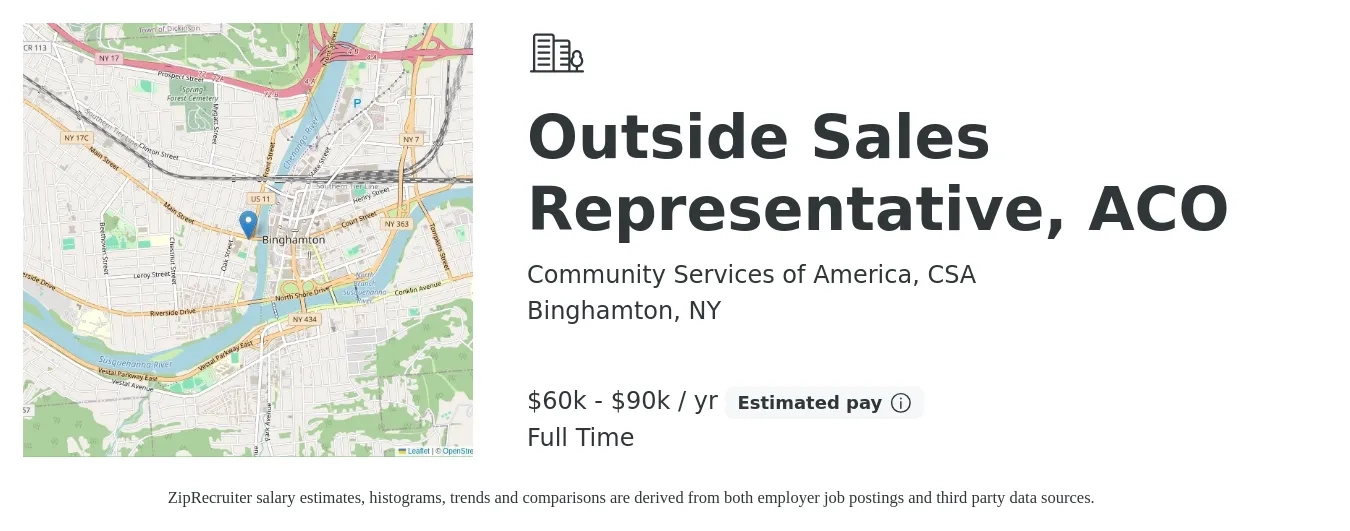 Community Services of America, CSA job posting for a Outside Sales Representative, ACO in Binghamton, NY with a salary of $60,000 to $90,000 Yearly with a map of Binghamton location.