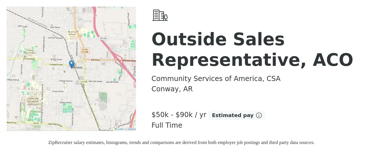 Community Services of America, CSA job posting for a Outside Sales Representative, ACO in Conway, AR with a salary of $50,000 to $90,000 Yearly with a map of Conway location.
