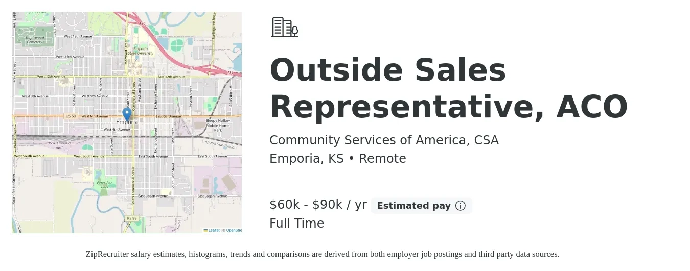 Community Services of America, CSA job posting for a Outside Sales Representative, ACO in Emporia, KS with a salary of $60,000 to $90,000 Yearly with a map of Emporia location.