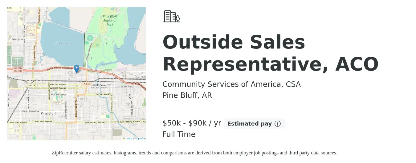 Community Services of America, CSA job posting for a Outside Sales Representative, ACO in Pine Bluff, AR with a salary of $50,000 to $90,000 Yearly with a map of Pine Bluff location.