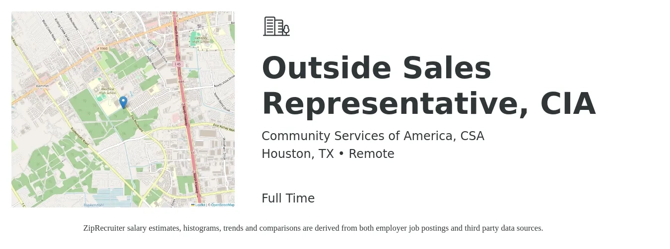Community Services of America, CSA job posting for a Outside Sales Representative, CIA in Houston, TX with a salary of $50,100 to $85,900 Yearly with a map of Houston location.