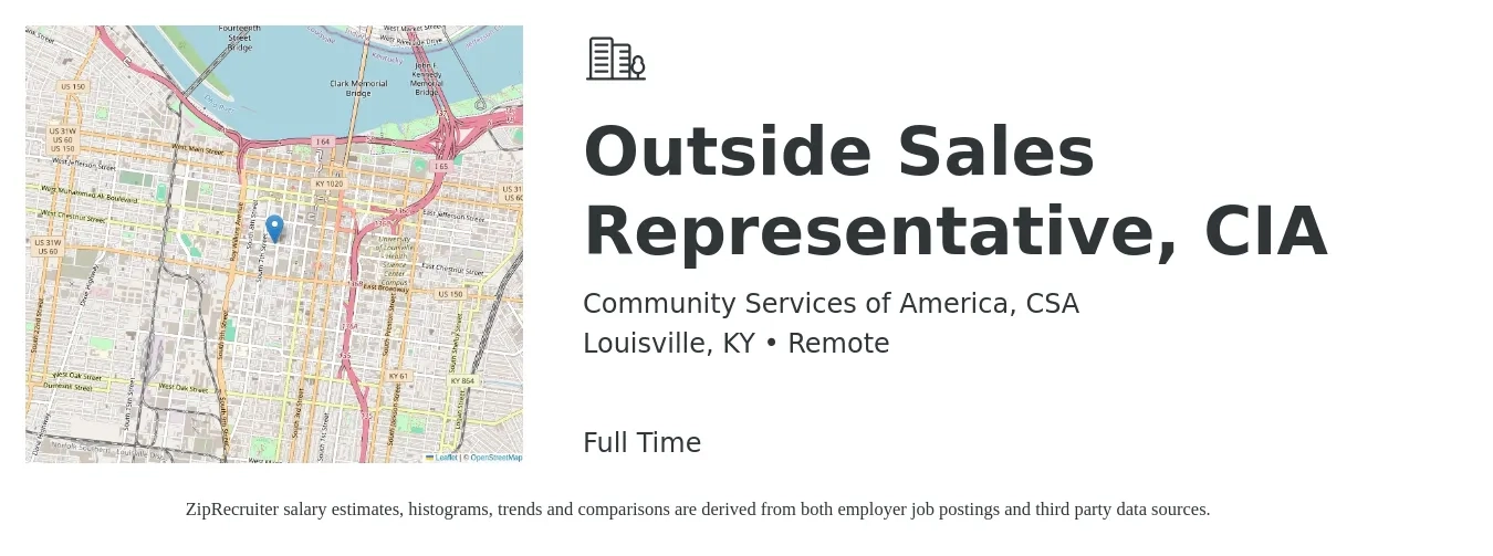 Community Services of America, CSA job posting for a Outside Sales Representative, CIA in Louisville, KY with a salary of $46,800 to $80,300 Yearly with a map of Louisville location.