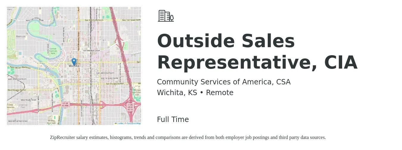 Community Services of America, CSA job posting for a Outside Sales Representative, CIA in Wichita, KS with a salary of $47,000 to $80,600 Yearly with a map of Wichita location.