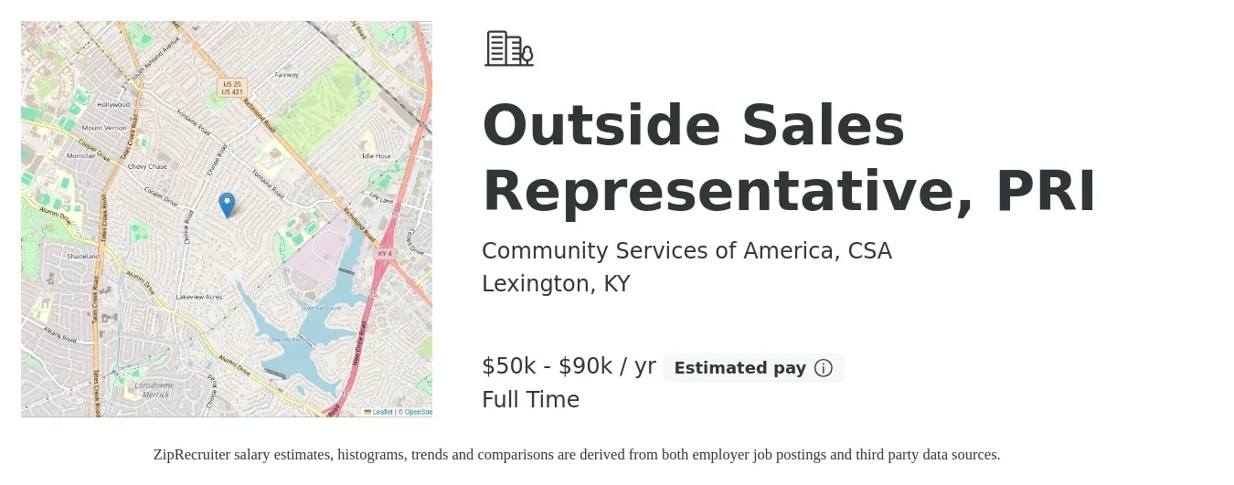 Community Services of America, CSA job posting for a Outside Sales Representative, PRI in Lexington, KY with a salary of $50,000 to $90,000 Yearly with a map of Lexington location.