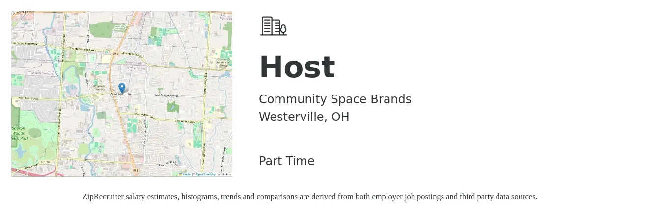 Community Space Brands job posting for a Host in Westerville, OH with a salary of $12 to $16 Hourly with a map of Westerville location.