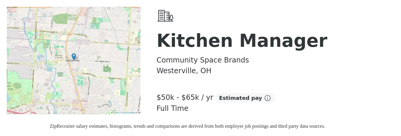 Community Space Brands job posting for a Kitchen Manager in Westerville, OH with a salary of $50,000 to $65,000 Yearly with a map of Westerville location.