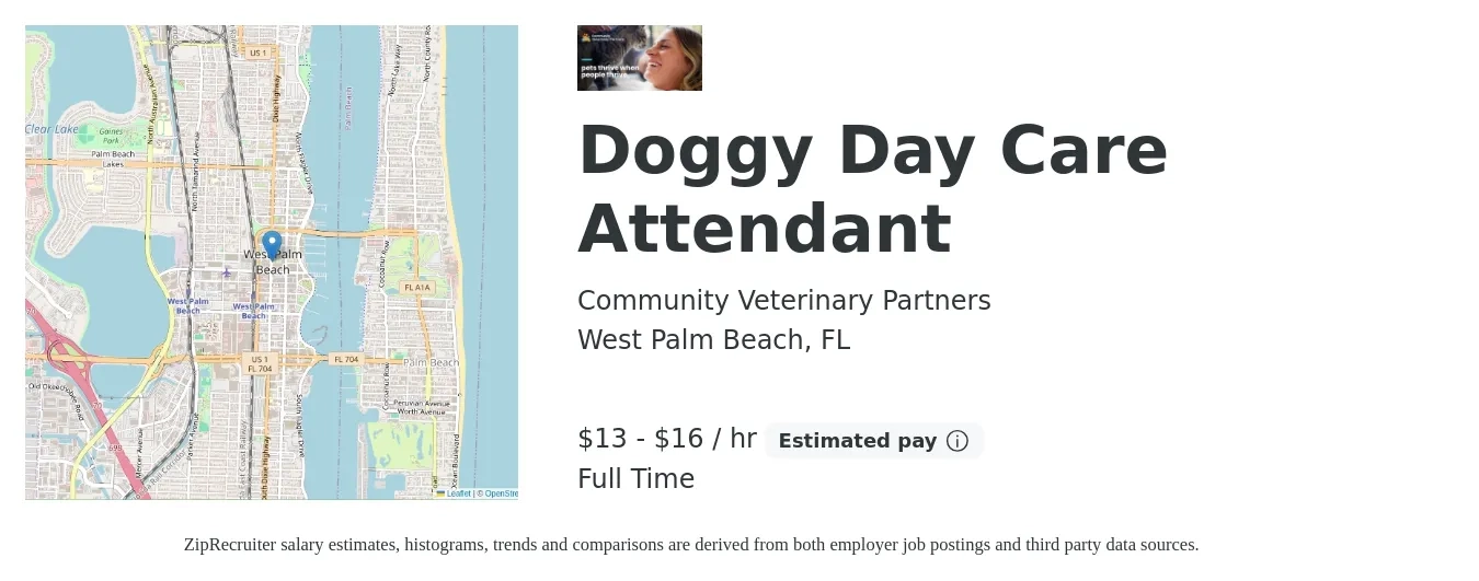 Community Veterinary Partners job posting for a Doggy Day Care Attendant in West Palm Beach, FL with a salary of $14 to $17 Hourly with a map of West Palm Beach location.