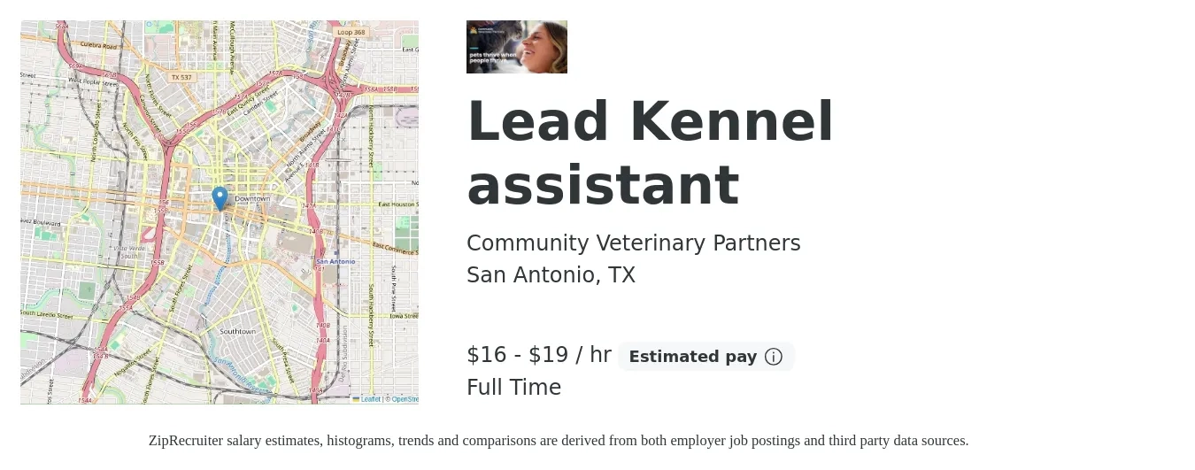 Community Veterinary Partners job posting for a Lead Kennel assistant in San Antonio, TX with a salary of $17 to $20 Hourly with a map of San Antonio location.