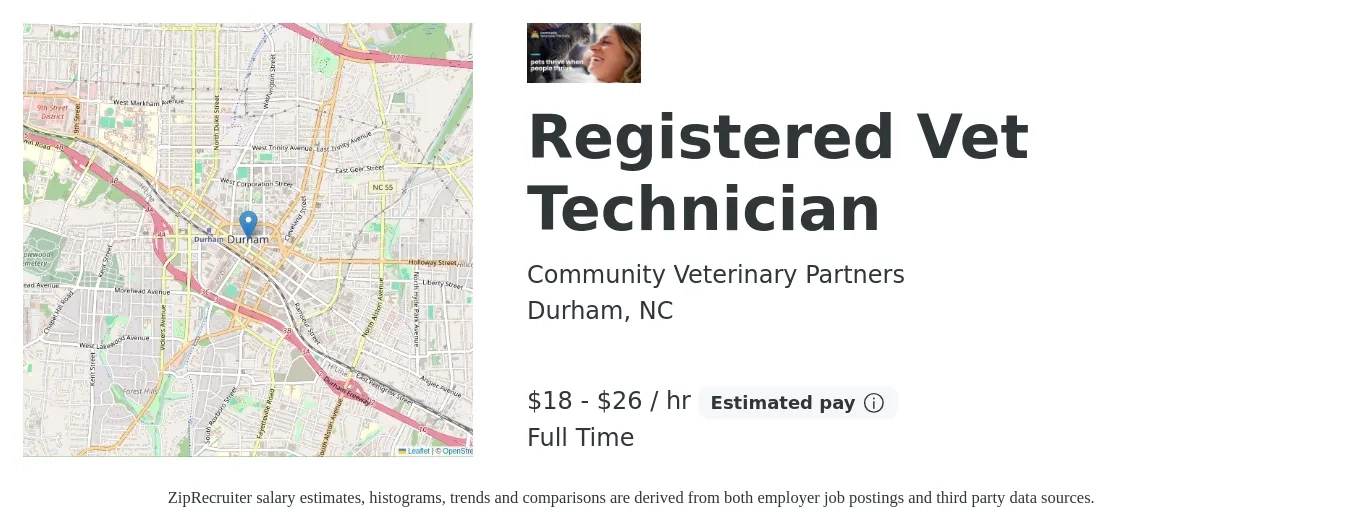Community Veterinary Partners job posting for a Registered Vet Technician in Durham, NC with a salary of $19 to $28 Hourly with a map of Durham location.